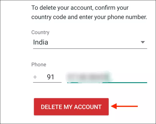 وارد کردن شماره برای حذف اکانت واتساپ